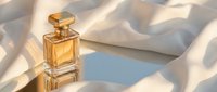 Luxury golden perfume bottle with square stopper on white fabric with soft shadows and sunlight, suitable for fragrance marketing and cosmetic advertising.