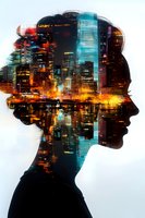 Double exposure silhouette profile merged with illuminated cityscape at night showing glowing skyscrapers reflected in water, creating surreal urban portrait effect.