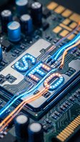 Futuristic CPU processor with glowing blue and orange circuits on motherboard. High-tech computer hardware component for technology and electronics concepts.