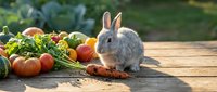 Adorable gray rabbit sitting beside fresh organic vegetables including carrots, tomatoes and leafy greens on rustic wooden table in garden setting.