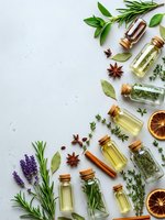 Natural essential oils in glass bottles with fresh herbs and spices on white background for aromatherapy wellness and organic skincare products.