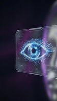 Futuristic digital eye with network connections emerging from transparent glass interface displaying data analytics and artificial intelligence concepts.
