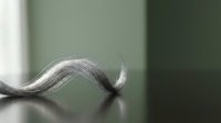 Close-up of a single curved silver hair strand on neutral surface, showcasing texture and light reflection for beauty, wellness, and hair care product marketing.