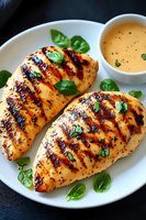 Grilled chicken breast with herbs and creamy sauce on white plate for healthy dinner meal preparation and cooking recipes.