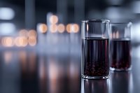 Glass of dark beverage with blurred bokeh lights in background, moody atmospheric composition with selective focus and reflective surface.