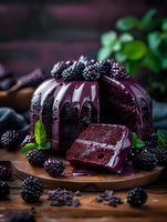 Dark chocolate bundt cake with blackberry glaze dripping down sides, fresh berries and mint garnish on wooden board, moody food photography styling.