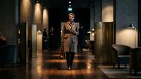 Confident businesswoman in elegant brown coat walking through modern luxury hotel lobby with warm lighting and contemporary furniture.