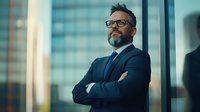 Confident mature Caucasian businessman with beard and glasses standing by office window with arms crossed, looking up thoughtfully against urban backdrop at sunset.