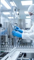 Scientist in protective suit operating pharmaceutical manufacturing equipment in sterile laboratory for drug production and quality control testing.