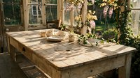 Rustic wooden table with place settings in sunlit greenhouse surrounded by climbing vines and potted plants, ideal for dining and hospitality concepts.