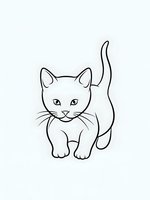 Cute kitten line art drawing with simple black outline on light background for coloring books and children activities.