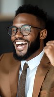 Happy African American businessman with glasses and beard laughing in brown suit, expressing joy and success in professional workplace setting.