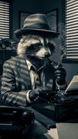 Anthropomorphic raccoon detective in fedora and suit smoking pipe at desk with typewriter, film noir style office setting with venetian blinds.