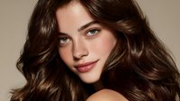 Young woman with flowing brunette hair and green eyes against neutral background, showcasing natural beauty for cosmetic or hair care advertising.
