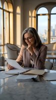 Mature businesswoman with glasses reviewing documents in modern office with arched windows and warm natural lighting for corporate presentations.