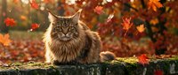 Fluffy long-haired tabby cat sitting on mossy log surrounded by vibrant autumn foliage and falling leaves in forest setting.