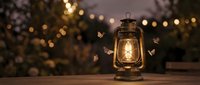 Vintage oil lantern glowing warmly on wooden surface with blurred festive lights creating magical bokeh background atmosphere for cozy evening ambiance.