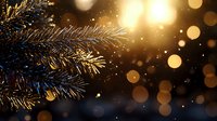 Magical winter scene with frosty pine branch against glowing golden bokeh lights and falling snow creating festive holiday atmosphere. Perfect for seasonal designs.