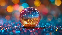 Crystal ball with magical reflection against blurred bokeh lights creating dreamy atmosphere in orange and blue tones, glitter sparkles on dark surface.