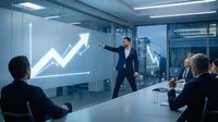 Young male professional in business suit presenting growth chart with upward arrow to colleagues in modern conference room with city skyline view, suitable for corporate training and business presentations.
