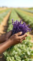 Farmer holding fresh purple lavender bunch in hand with blooming field rows in soft focus background, harvesting aromatic herbs for cosmetics and wellness products.