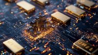 Glowing miniature cityscape emerging from electronic circuit board components, creating futuristic urban landscape with depth of field effect and warm lighting.