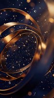 Luxury abstract background with golden spiral rings and sparkling glitter on deep navy blue, elegant for premium branding and event design.