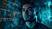 Young Middle Eastern male professional against digital data visualization background with blue cybersecurity theme lighting, serious expression in profile view.