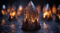Glowing crystal formation with magical light effects against dark background, mystical mineral structure illuminated from within, surrounded by bokeh lights.