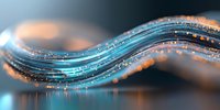Abstract flowing turquoise and orange light waves with glowing particles and bokeh effect create dynamic motion against dark background. Suitable for tech designs.
