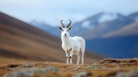 White mountain goat standing on rocky terrain against majestic snow-capped peaks and valley background in natural wildlife habitat during golden hour.