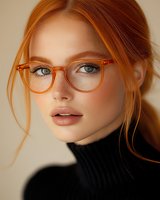 Young woman with ginger hair and blue eyes wearing transparent orange glasses and black turtleneck sweater, looking directly at camera against beige background.