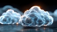 Glowing digital cloud computing network with luminous particles and data connections floating above dark surface for technology and innovation concepts.