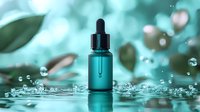 Turquoise essential oil dropper bottle with water splash effect and green leaves background, showcasing natural cosmetic product in fresh spa setting.