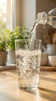 Water pouring from bottle into glass with bubbles and splashes on wooden table with green plants and window light in background.
