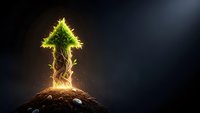 Glowing magical tree sprouting from earth with golden light energy and mystical flames against dark background for fantasy and nature concepts.