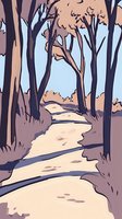 Winding forest path through autumn trees with warm pink and purple tones creating peaceful woodland scene for nature and outdoor recreation designs.