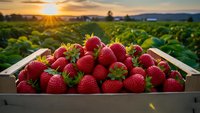 Fresh ripe strawberries in wooden crate at sunset farm field. Organic berry harvest agriculture concept for healthy eating and natural food production.