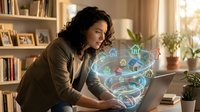 Professional Hispanic woman working on laptop with holographic smart home technology interface in modern home office environment.