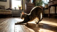 Tabby cat stretching in downward dog pose on wooden floor with sunlight streaming through window in home interior.