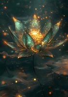 Glowing turquoise and gold lotus flower with magical sparkles and light effects against dark background, creating mystical and ethereal atmosphere.