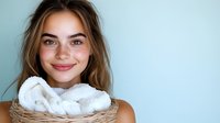Young woman with long brown hair and fair complexion wearing a cozy white knit scarf against light blue background. Portrait for lifestyle and fashion content.
