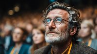 Mature Caucasian man with glasses and beard looking up thoughtfully in crowded auditorium during presentation or conference event.