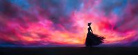 Silhouette of elegant woman in flowing dress against dramatic sunset sky with vibrant pink and purple clouds, panoramic composition creates ethereal atmosphere.