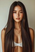 Young Asian woman with long straight dark hair and natural makeup wearing white top against neutral background, soft studio lighting creates gentle mood.