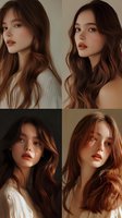 Young Asian woman with long wavy brown hair in different poses showing natural makeup and fashion portraits against neutral backgrounds. Soft lighting creates romantic mood.