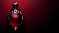 Elegant glass perfume bottle with red liquid against dark burgundy background, dramatic lighting highlights luxurious teardrop shape and spherical stopper.