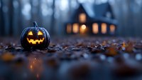 Spooky carved pumpkin jack-o-lantern glowing in autumn forest with haunted house in background for Halloween celebration and seasonal decorations.