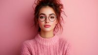 Young woman in round glasses and pink knitted sweater with messy bun hairstyle posing against pink background, looking at camera with gentle smile.