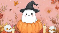 Cute ghost in witch hat sitting on orange pumpkin surrounded by autumn leaves, butterflies, candles and skulls. Halloween kawaii illustration on pink background.